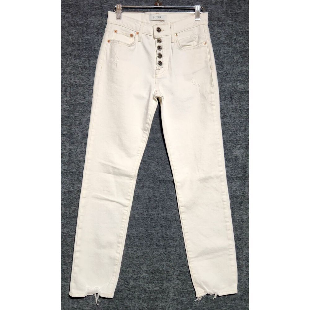 women's PISTOLA button-fly White Jeans skinny distressed mid-rise Size 24‎